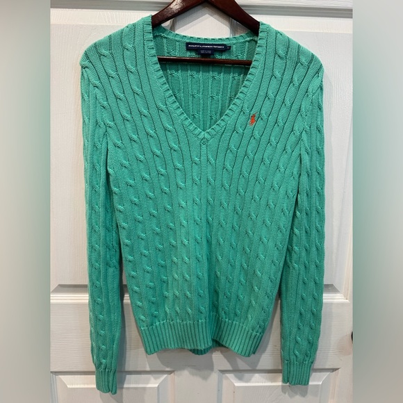 Vintage Ralph Lauren Green Cable Knit Cotton V Neck Sweater Women's Size L - Picture 1 of 6